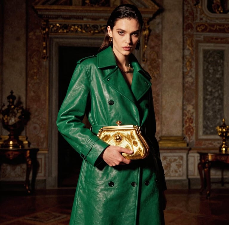Portrait of a high-fashion model in a dramatic pose, wearing a structured emerald green leather coat, holding an opulent gold-hardware clutch inside a historic Tuscan palazzo, chiaroscuro lighting.
