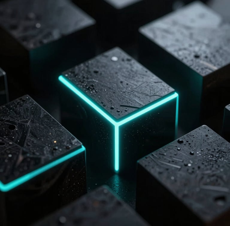 Macro shot of dark obsidian geometric structures with sharp glowing neon-cyan edges, high-contrast low-key backlighting, octane render style