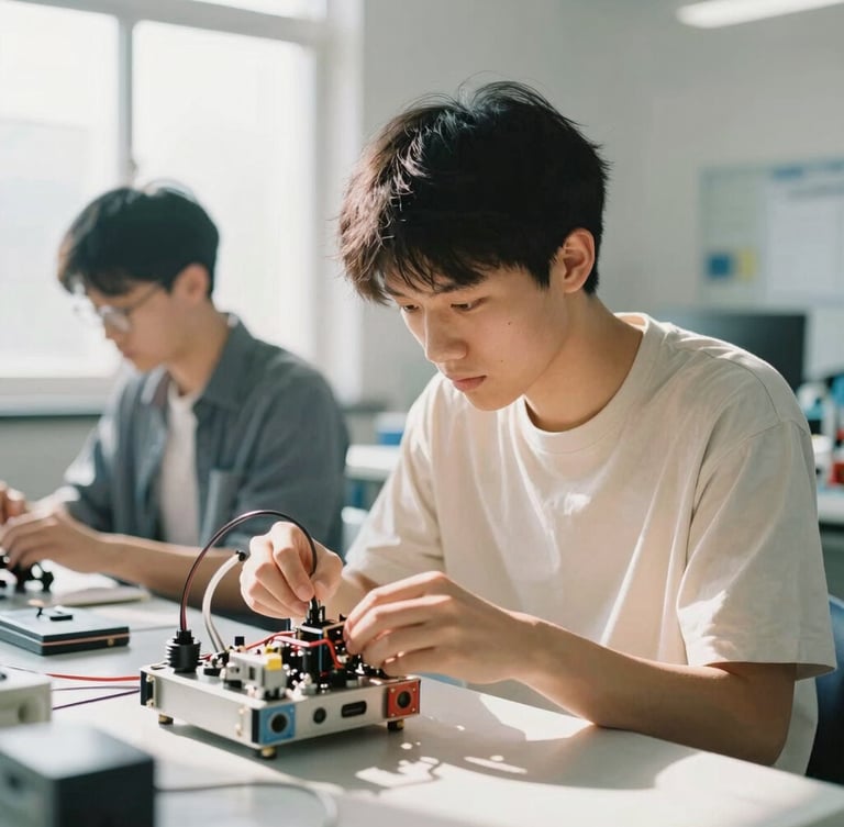 A collaborative STEM lab in bright natural daylight, a young adult focused on adjusting a robotics component, high contrast, warm tones, environmental portrait, 35mm.