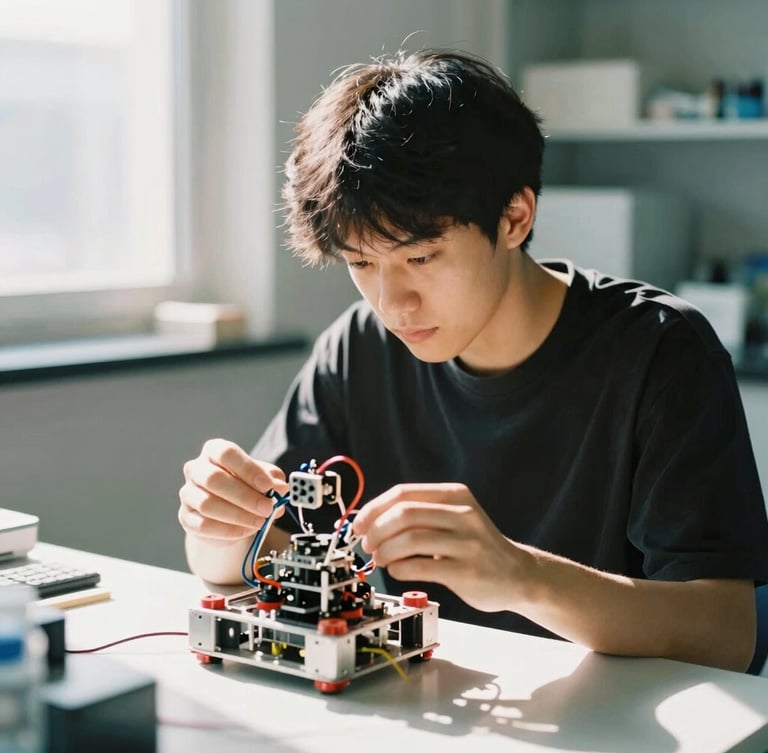 A young adult in a high-contrast STEM lab, working with focus on a robotics prototype, bright natural daylight, environmental portrait, 35mm