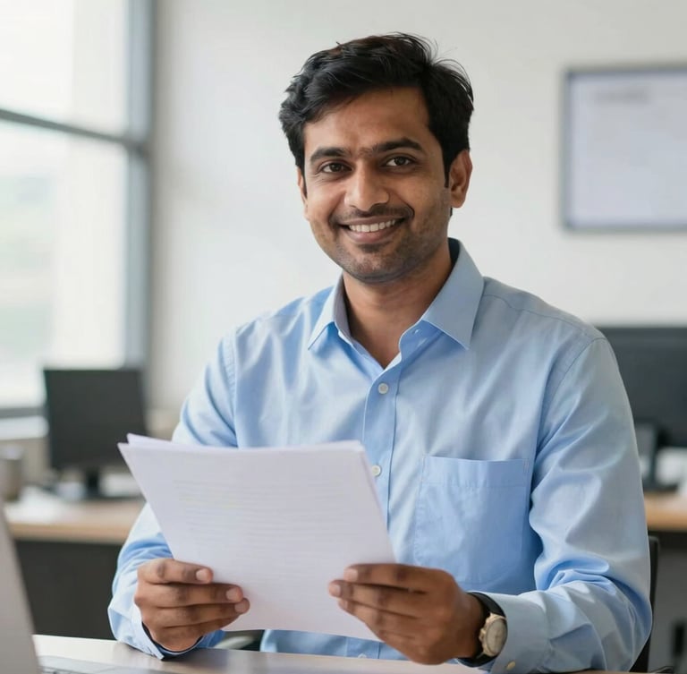 A professional Indian insurance advisor in a clean blue shirt holding documents, smiling warmly, soft natural light, office background, 35mm