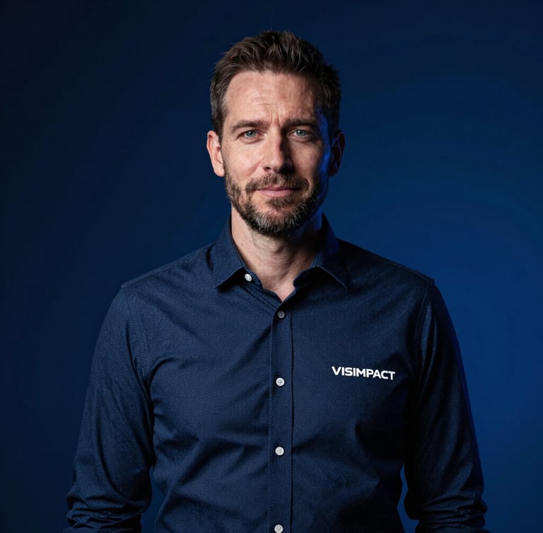 Portrait professionnel de Yohann Beauvois, fondateur de VISIMPACT, dans un environnement de tournage vidéo moderne, lumière dramatique à fort contraste, accents bleus, 35mm.