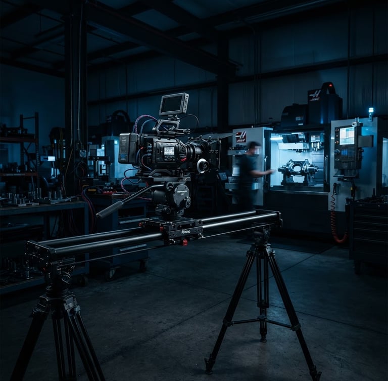 Wide panoramic shot of a professional camera rig on a slider, filming in a modern industrial workshop, dramatic cool-toned lighting, deep shadows, electric blue accents, sharp focus, 35mm.