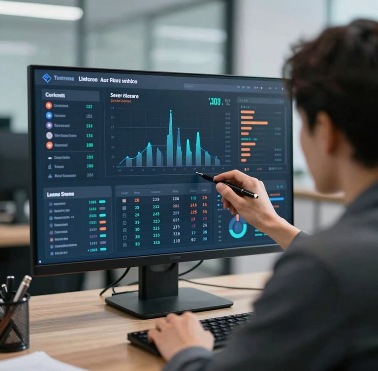 Over-the-shoulder view of a marketing analyst reviewing a real-time performance dashboard with clean data visualizations under cool studio light.