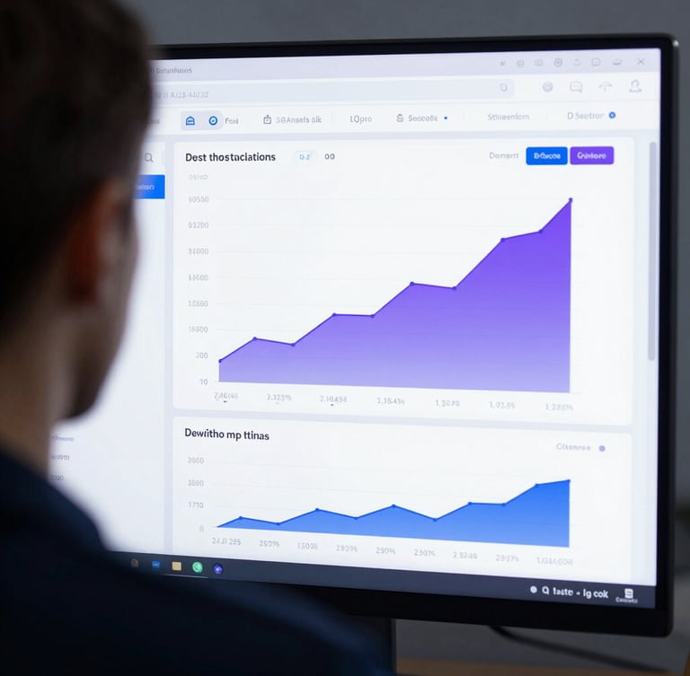Over-the-shoulder shot of a clean analytics dashboard displaying conversion metrics and rising growth charts, cool blue and purple lighting, sharp UI details