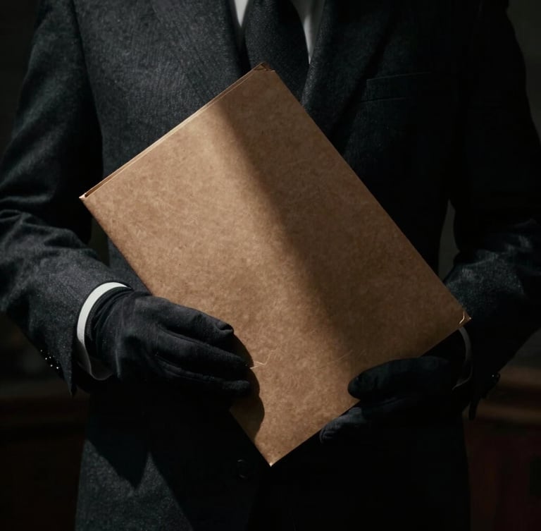 Cinematic noir photography of gloved hands holding a confidential document folder under a single sharp light beam, high contrast chiaroscuro, dark lead gray, 35mm film