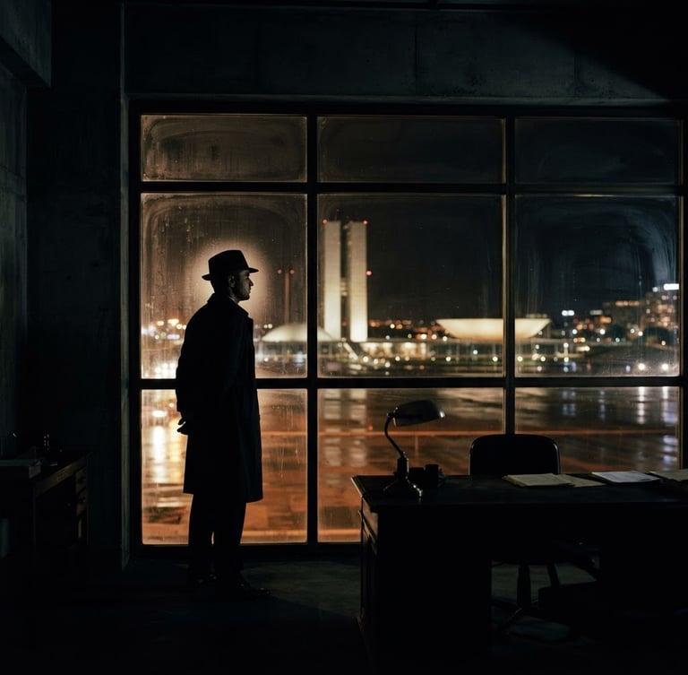 Cinematic noir photography, chiaroscuro lighting. A silhouette of an investigator in a dark concrete office in Brasília looking out of a glass window at night, deep shadows, bronze reflections, high contrast, 35mm film.