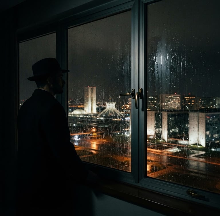 Cinematic noir photography, chiaroscuro lighting, a lone silhouette of a person looking through a rain-streaked window overlooking modern Brasília architecture, deep shadows, bronze accents, 35mm film
