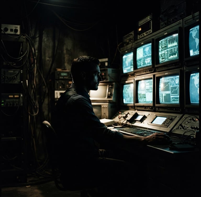Cinematic noir photography of a high-contrast shadow of an analyst looking at glowing monitoring screens in a dark room, deep shadows, bronze tones, 35mm film