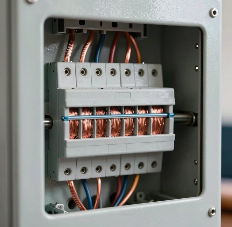 Close-up of clean, perfectly routed copper wiring inside a newly upgraded residential electrical panel, industrial precision, bright work lights.