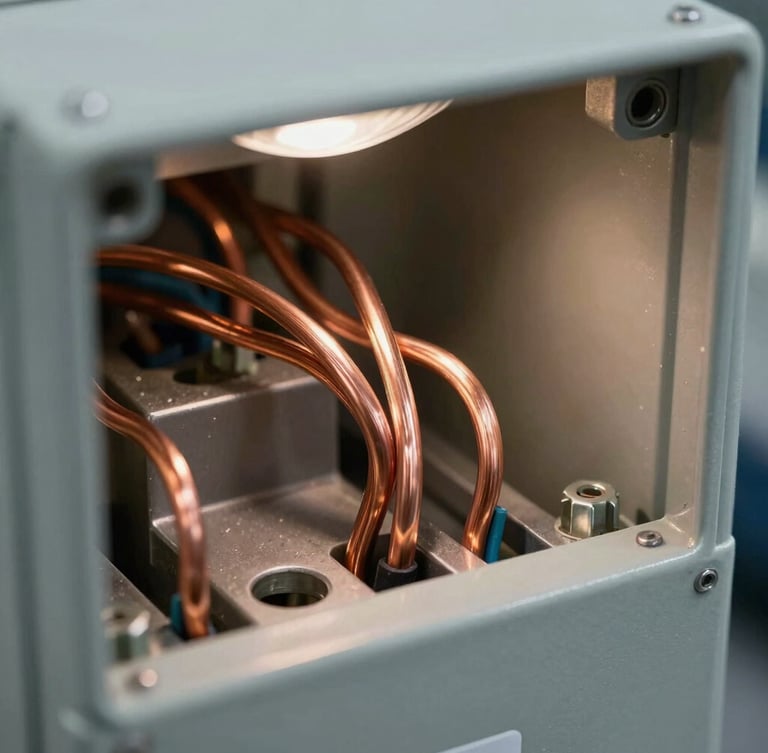Macro detail shot of clean, perfectly routed copper wiring inside a newly installed industrial-grade electrical panel, sharp overhead light reflecting off metal surfaces.