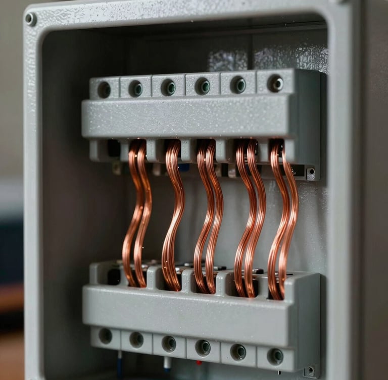 Macro close-up of perfectly routed copper wiring inside a newly installed heavy-duty commercial electrical panel, high-contrast directional work light.