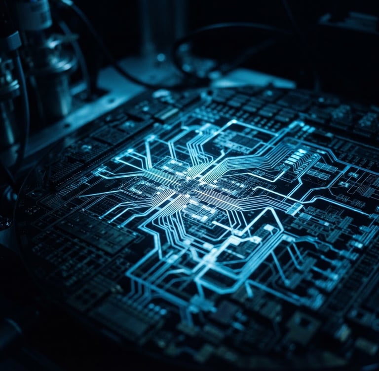 Extreme close-up of a quantum processor's silicon wafer, intricate circuitry glowing with cool blue light, deep shadows, 35mm lens.