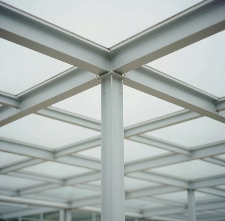 Abstract close-up of a structural steel and glass pavilion, soft diffused daylight, clean geometric shadows, light gray tones, minimal composition