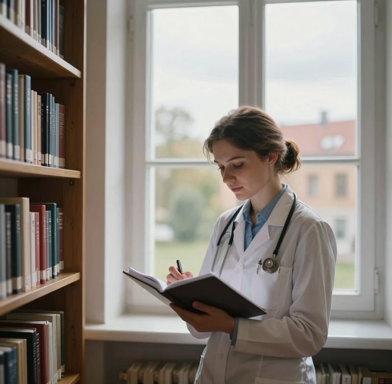 Candid medium shot of an RSU medical student studying with a notebook next to a window in the Riga National Library, soft natural daylight, overcast Baltic sky outside