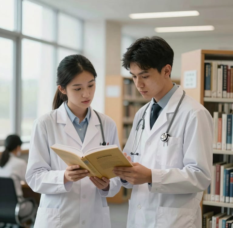 Candid medium-shot of two medical students in white coats discussing a textbook in a modern university library, soft Baltic daylight from high windows, natural academic setting.