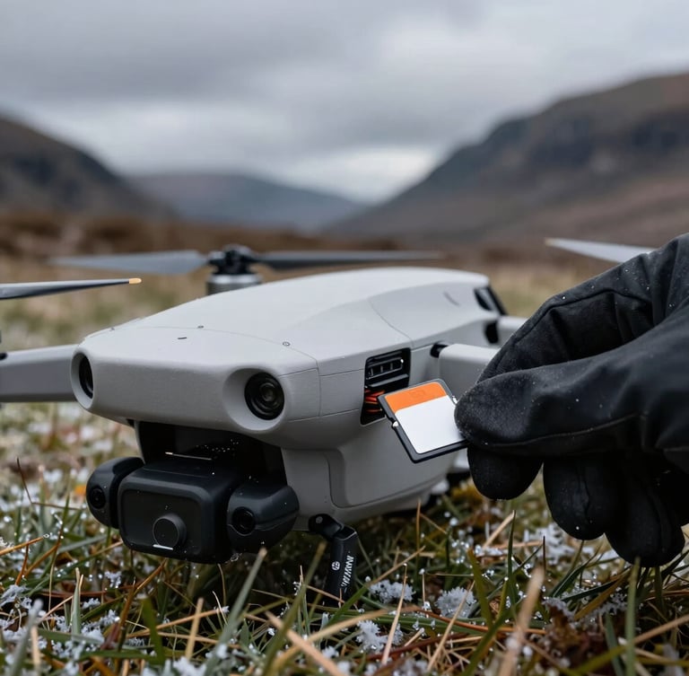 A close-up, high-contrast shot of a quadcopter drone resting on frozen grass in the Scottish Highlands under an overcast sky, with a gloved hand inserting an orange-accented microSD card into its side slot.