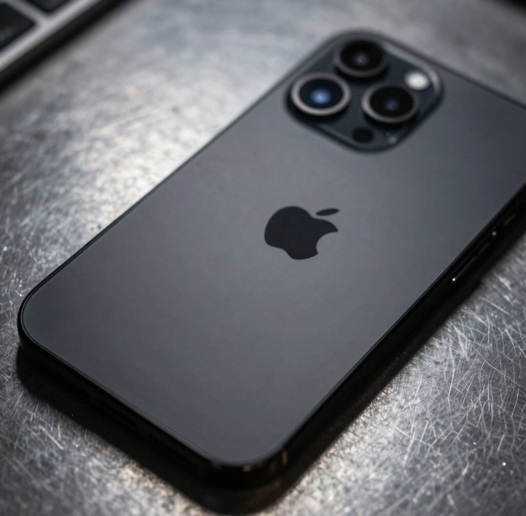 Top-down crisp macro shot of a pristine matte-black iPhone backplate on a dark steel workbench, sharp reflections, high-contrast lighting