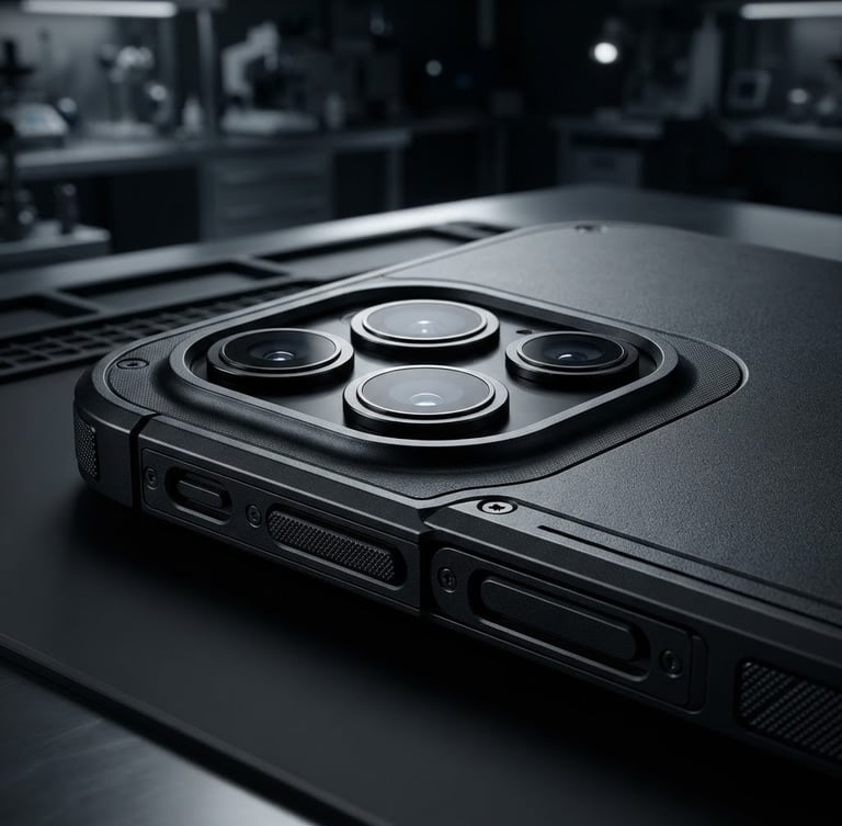 Extreme macro studio photograph of a customized matte-black iPhone chassis, sharp reflections on glass and metal, deep clean shadows, technical clean-room background