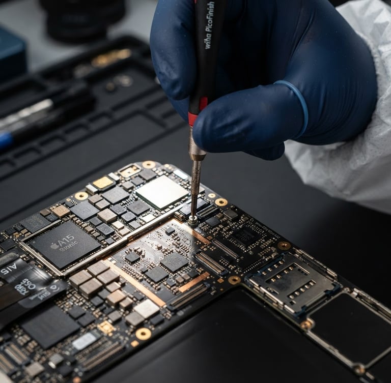 Extreme macro shot of a clean-room technician using a precision screwdriver on an iPhone motherboard, bright strobe lighting reflecting off copper circuits