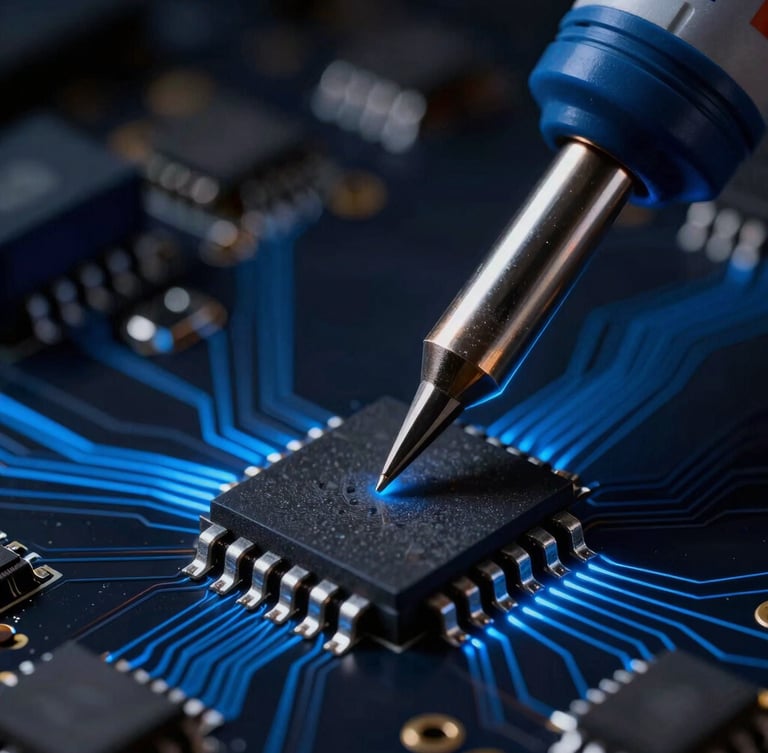 Extreme macro close-up of a soldering iron tip applying solder to a microchip on a dark circuit board, glowing electric blue traces, highly detailed metallic texture, low-key studio lighting, 50mm lens