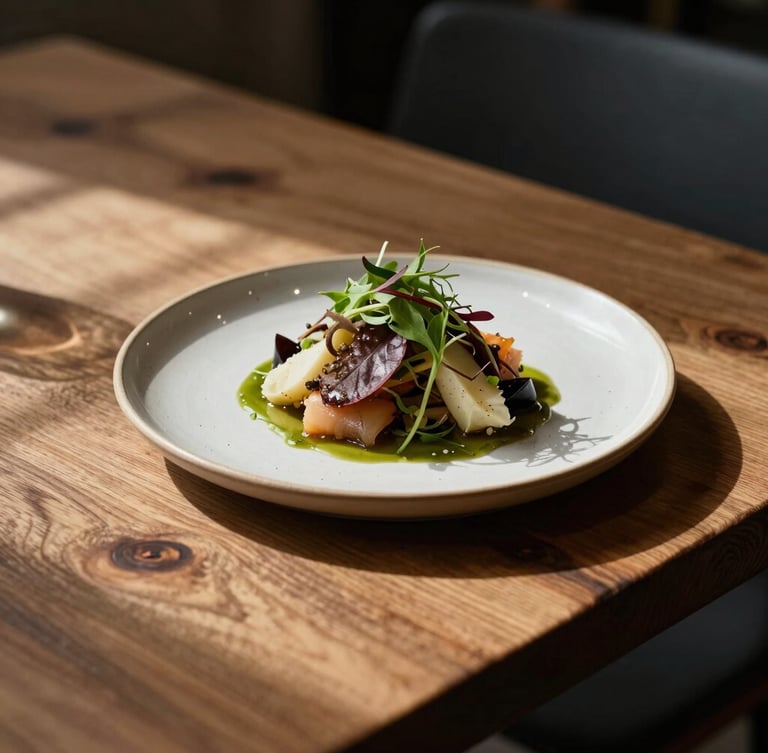 A close-up vertical shot of a rustic wooden table in a Scandinavian restaurant, a single ceramic plate with a seasonal dish, soft daylight casting gentle shadows