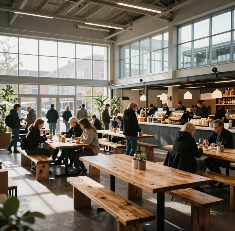Wide environmental shot of a modern Scandinavian-style food market with high ceilings, natural light streaming through large windows, people gathering around wooden communal tables, soft diffused daylight.