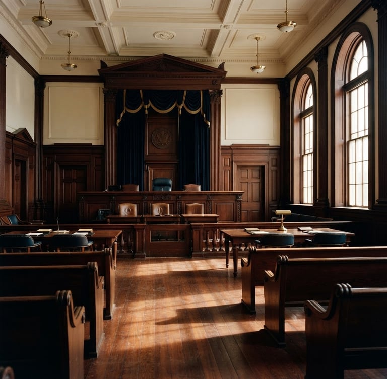 Wide environmental shot of an empty wood-paneled constitutional courtroom, soft warm window light casting long shadows on mahogany desks, professional editorial legal photography, 35mm