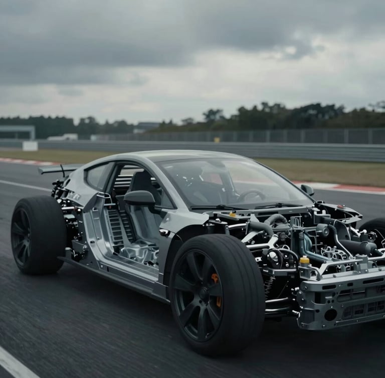 Cinematic close-up of a high-end electric vehicle chassis on a testing track, dramatic overcast daylight, desaturated cool tones, high contrast