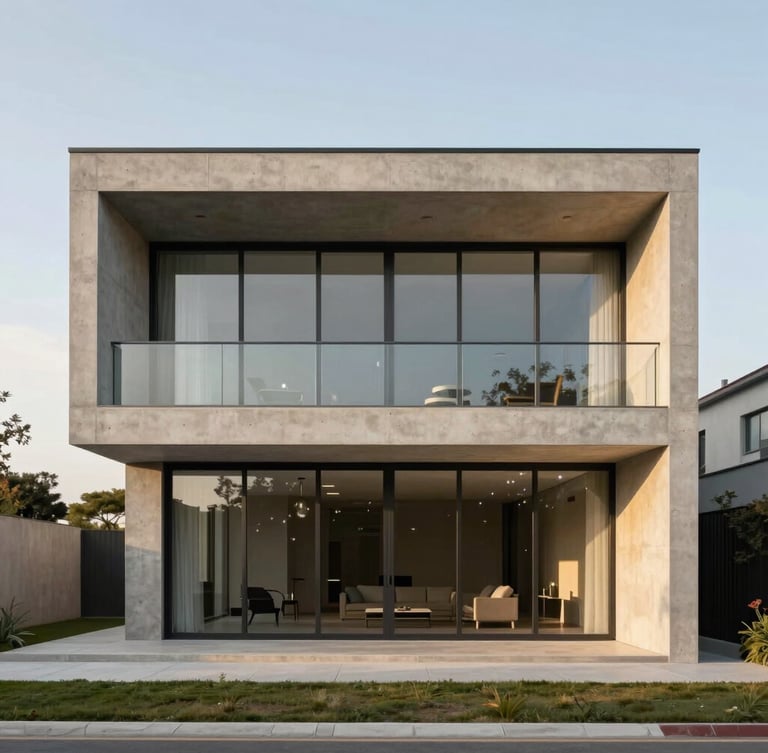 Straight-on architectural elevation of a minimalist concrete and glass villa, soft golden-hour natural light, realistic proportions