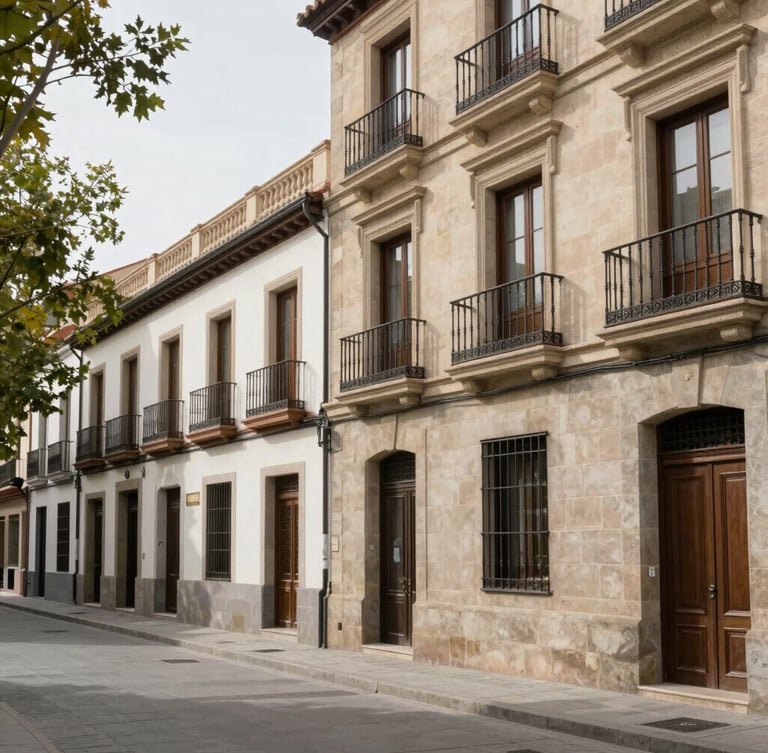 Authentic Madrid streetscape in the Chamberi district, historic stone buildings, quiet tree-lined street, soft natural daylight