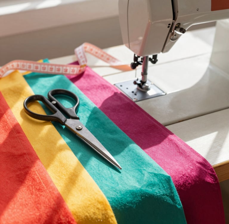 Close-up of colorful fabrics, scissors, and a vintage sewing machine in a warm, sunlit workshop in Celaya, with a soft measuring tape draped over the table