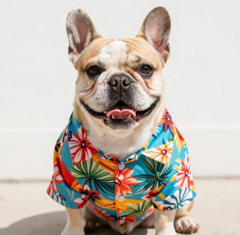 bulldog francés sonriente que lleva una camisa hawaiana colorida con estampado de flores tropicales