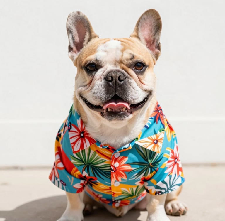 A happy French Bulldog wearing a colorful, vibrant tropical print Hawaiian shirt, sitting comfortably in bright natural daylight, eye-level shot, cheerful tones