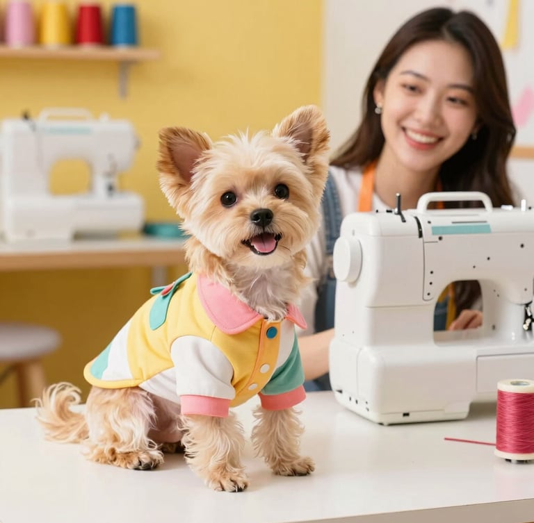 A happy small dog wearing a colorful custom-tailored shirt sitting next to a smiling artisan sewing in a bright, cheerful workshop