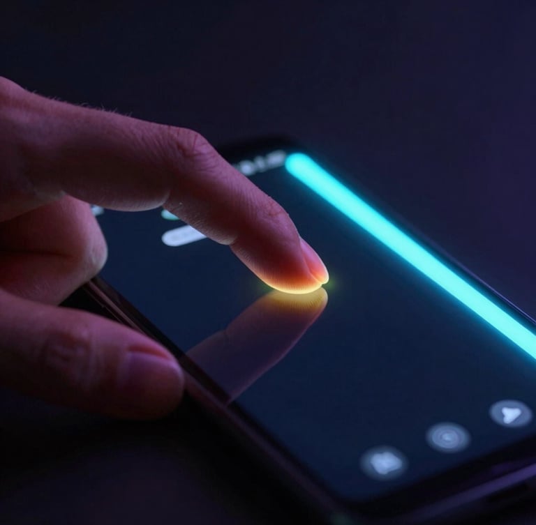 Extreme close-up of a hand interacting with a high-fidelity mobile UI on an Android screen, glowing neon light trails reflecting on glass, dark studio background