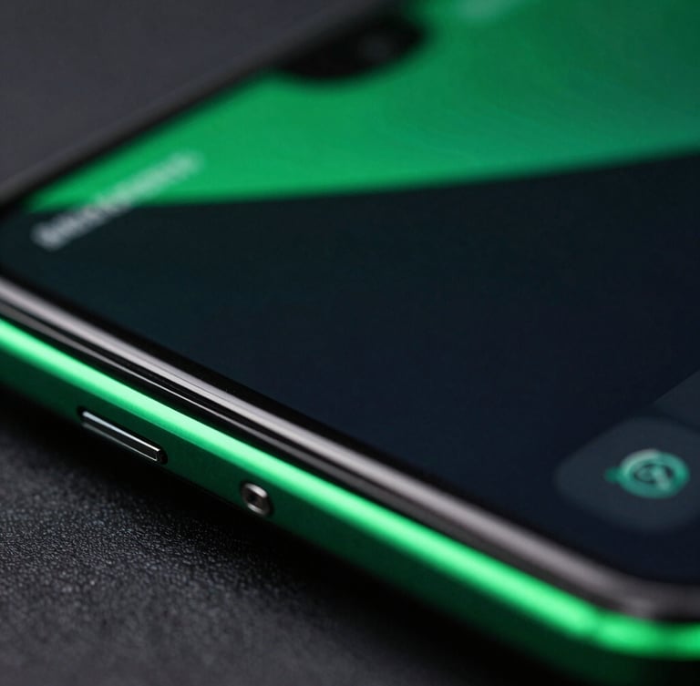 Extreme close-up macro shot of a dark-mode Android interface on a premium device, vibrant neon green edge-lighting reflecting on the curved glass screen, shallow depth of field, high-tech aesthetic.
