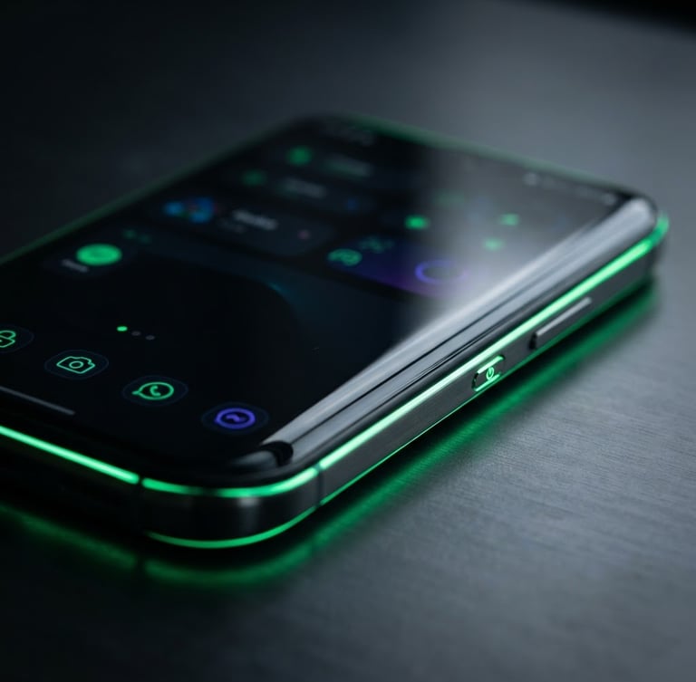 Sleek dark-mode Android device close-up, glowing neon green edge-lighting, shallow depth of field, sharp glass reflections
