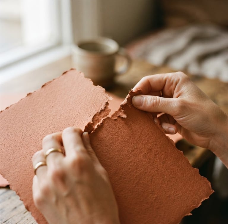 Macro shot of hands gently tearing textured terracotta-colored paper under soft morning window light, 35mm film style