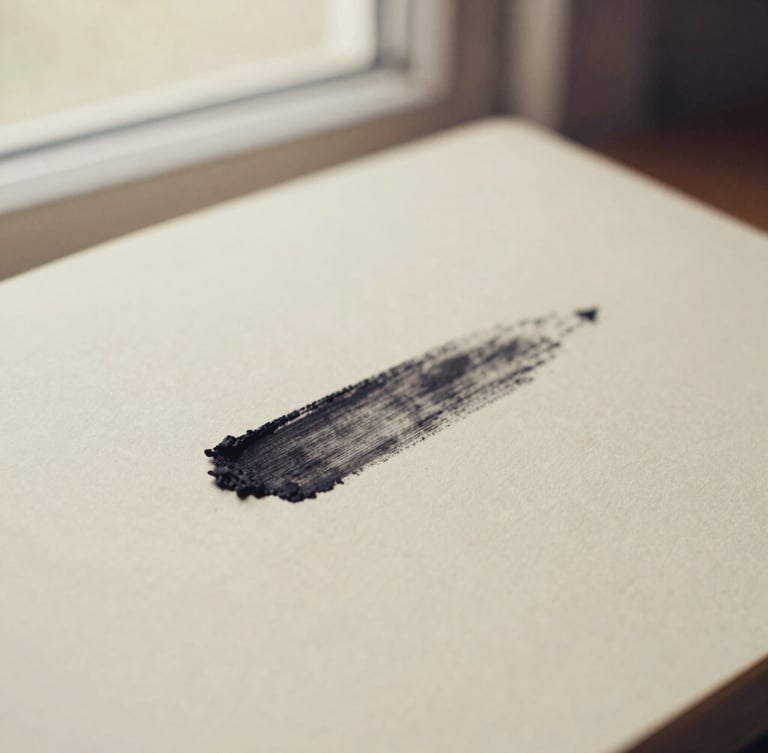 Close-up of a charcoal smudge on a warm cream paper journal, soft morning window light, shallow depth of field, muted earth tones