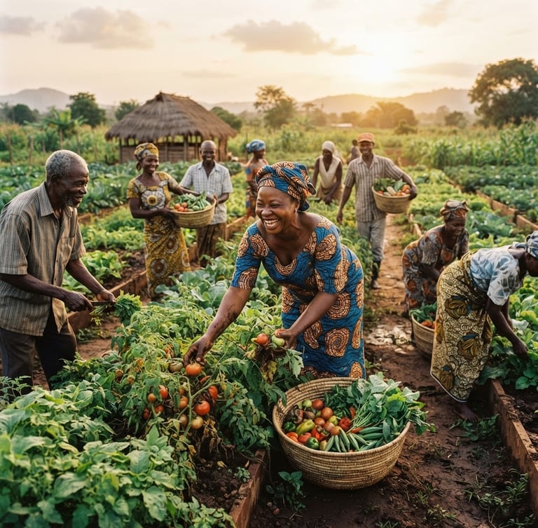 Warm editorial photography of a vibrant local West African agricultural cooperative farm at golden hour, cooperative members harvesting organic vegetables, warm daylight, 35mm
