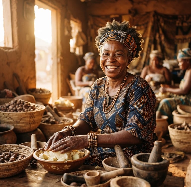 Warm editorial portrait of a West African local cooperative member in a sunlit workshop, smiling, natural golden-hour daylight, 35mm