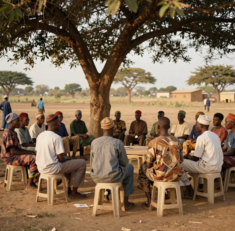 Warm editorial photography of a cooperative community meeting in West Africa, local leaders sitting under a shaded tree in natural golden-hour daylight, earthy organic tones, 35mm