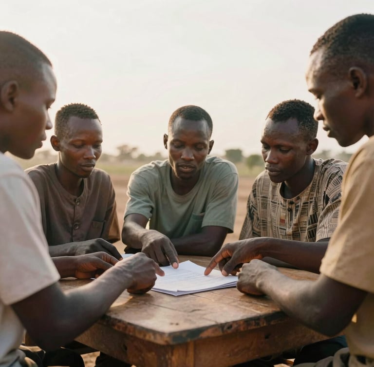 Warm editorial medium shot of cooperative members discussing around a wooden table in West Africa, hands pointing at a document, soft golden-hour sun, 35mm