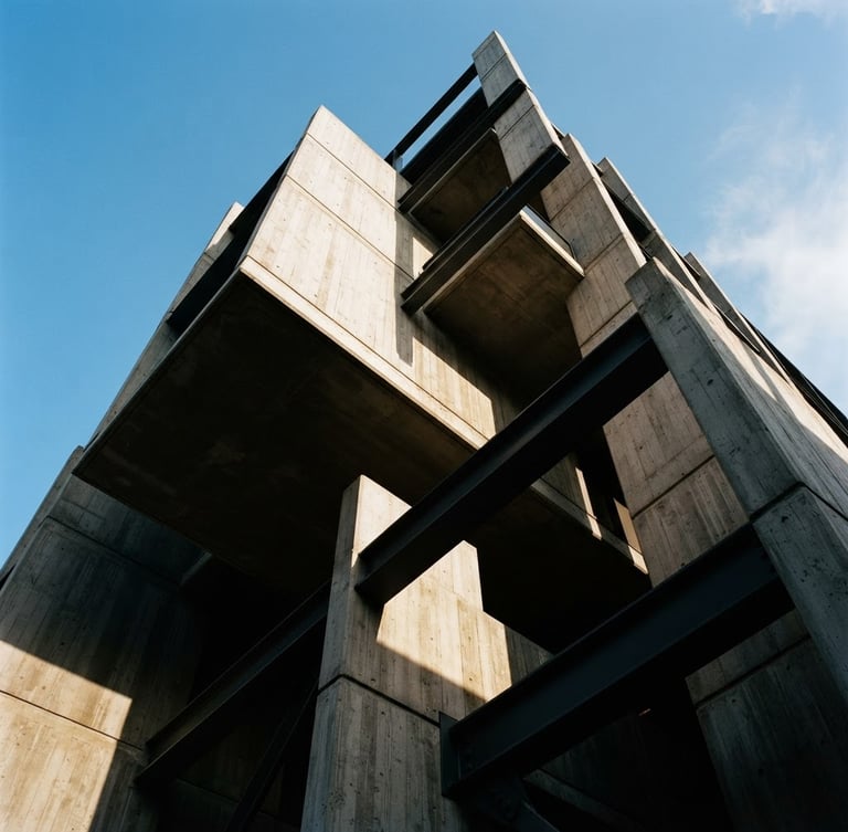 Primer plano heroico de una estructura de hormigón visto y acero, con líneas limpias y sombras duras, bajo luz natural de alto contraste. Edificio moderno, perspectiva de ángulo bajo.