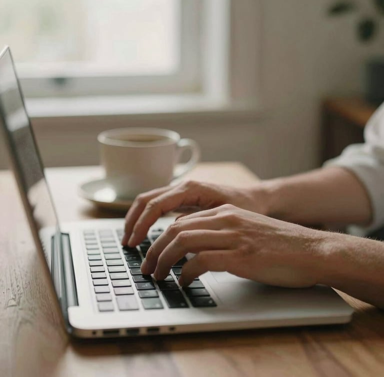 Close-up of hands typing on a laptop next to a ceramic coffee mug in a sunlit workspace, soft natural window light, warm desaturated tones