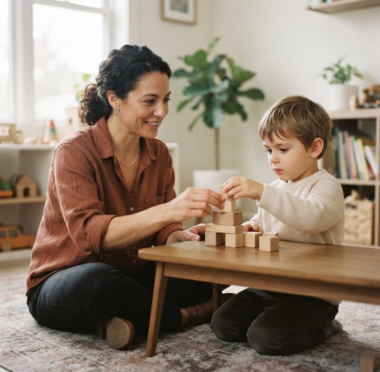 A warm editorial photograph of a child interacting calmly with a therapist, playing with wooden blocks under soft natural window light, shallow depth of field, 35mm