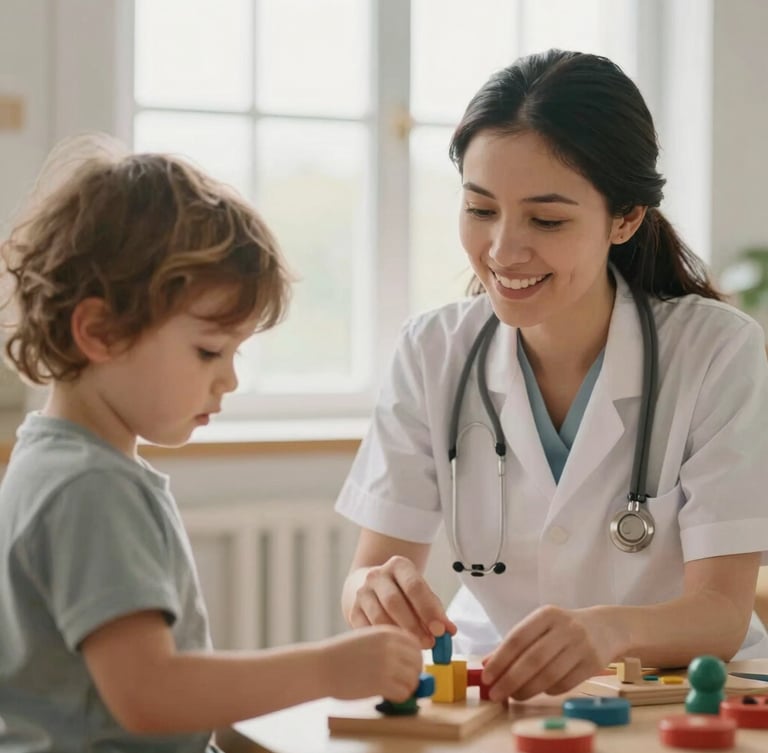 A warm pediatric therapist smiling gently while encouraging a child playing with wooden educational toys, soft natural window light, gentle muted tones, shallow depth of field, 35mm.