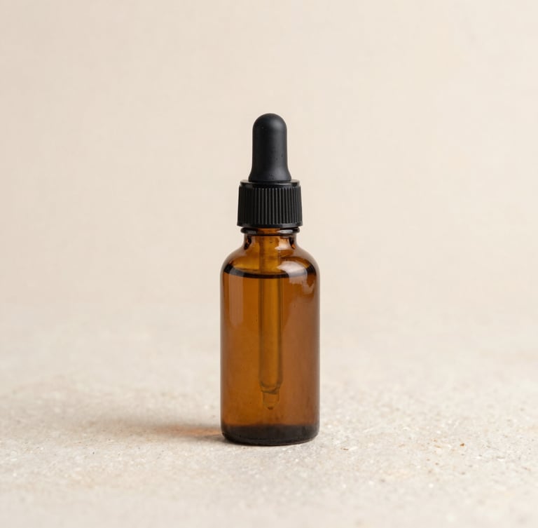 Macro shot of minimalist amber glass dropper bottles on a warm stone surface, soft clinical light, clean shadows