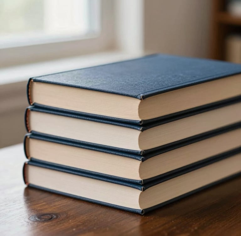 Close-up of physical textbooks stacked neatly on a dark wooden library table, soft natural window light, shallow depth of field